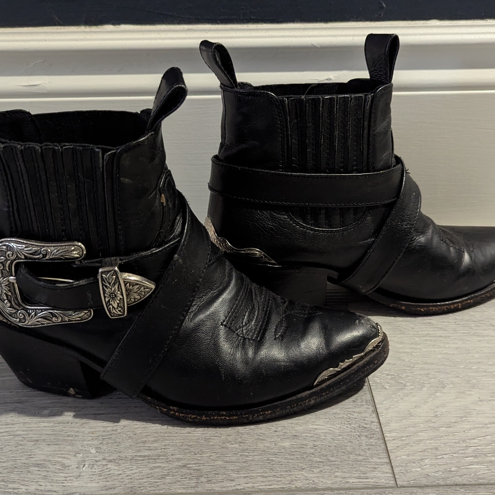 Wandering Coyote Black Magic Leather Cowboy Ankle Boots with Decorative Buckle